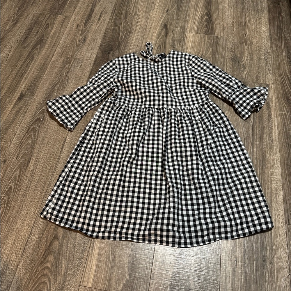 SHEIN Black White Gingham Cotton Blend Ruffle Lace Up Knee Length Dress S